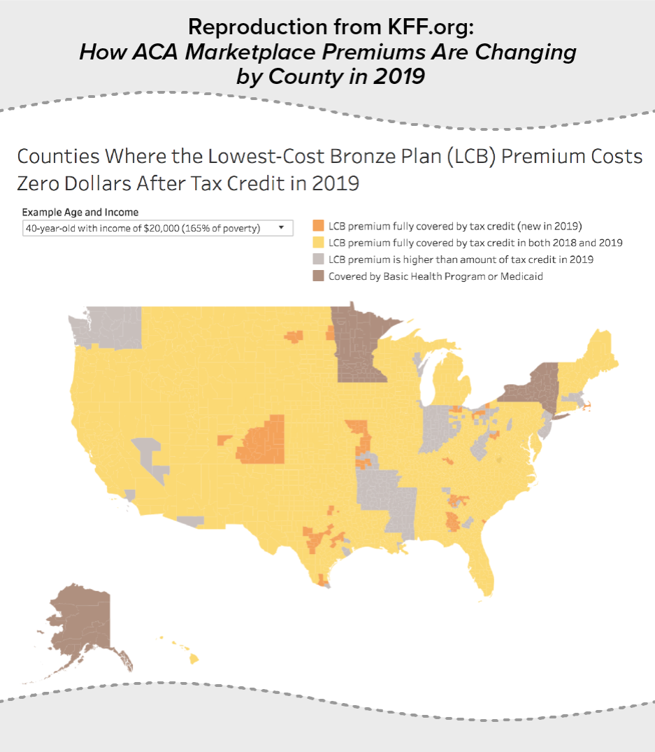 Reproduction from KFF.org: How ACA Marketplace Premiums Are Changing by County in 2019