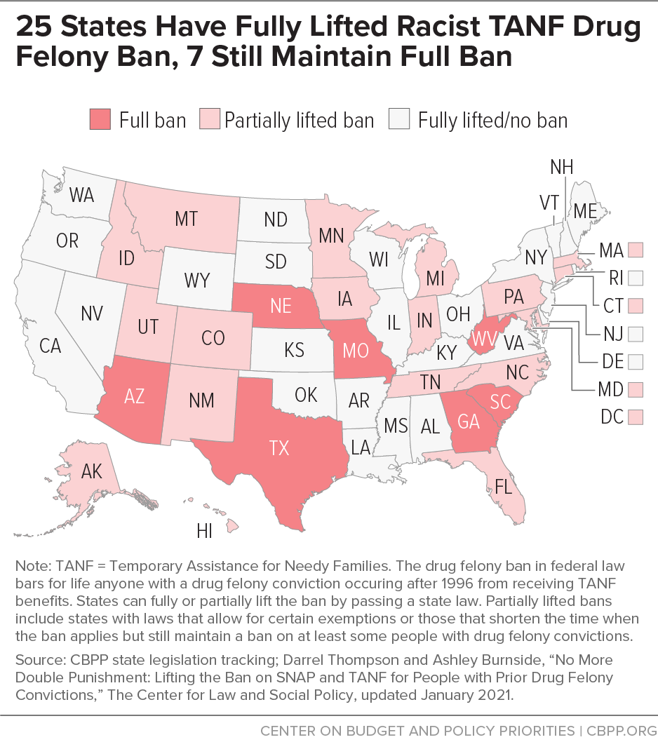 25 States Have Fully Lifted Racist TANF Drug Felony Ban, 7 Still Maintain Full Ban
