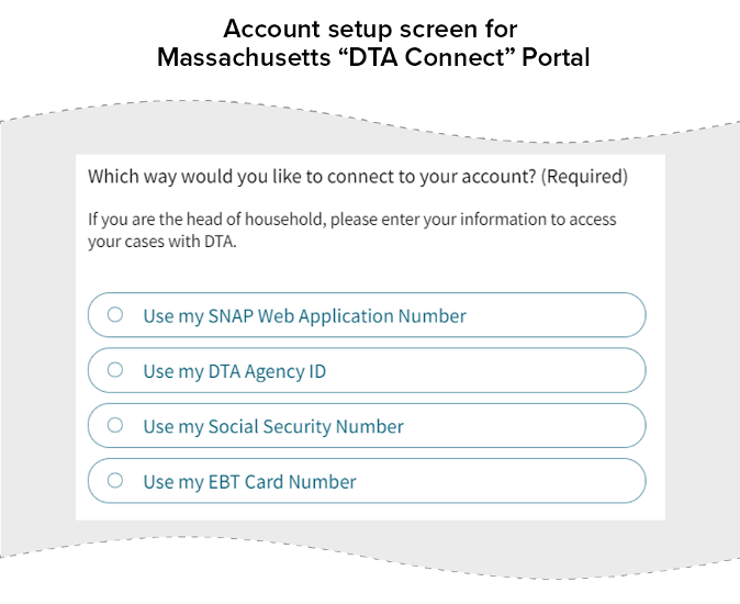 Account setup screen for Massachusetts "DTA Connect" Portal