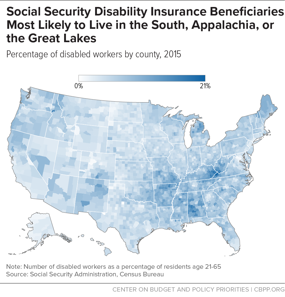 Social Security Disability Insurance Beneficiaries Most Likely to Live in the South, Appalachia, or the Great Lakes