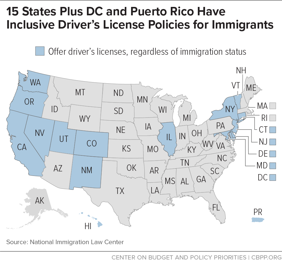 15 States Plus DC and Puerto Rico Have Inclusive Driver's License Policies for Immigrants