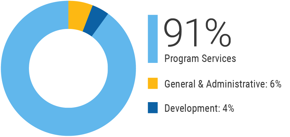 91% Program Services, 6% General & Administrative, 4% Development