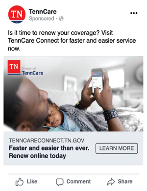 Screenshot of Facebook advertisement for TennCare