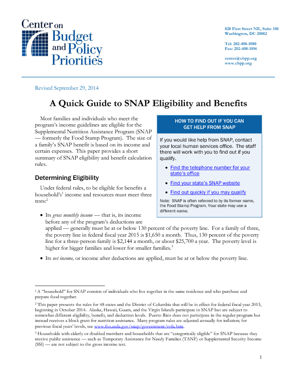 A Quick Guide to SNAP Eligibility and Benefits | Center on ...