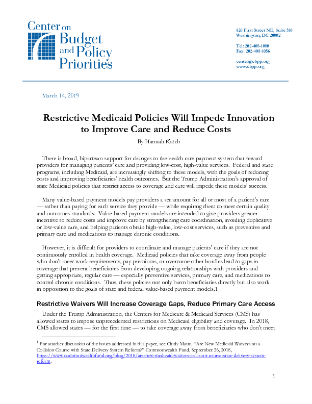 Restrictive Medicaid Policies Will Impede Innovation to Improve Care